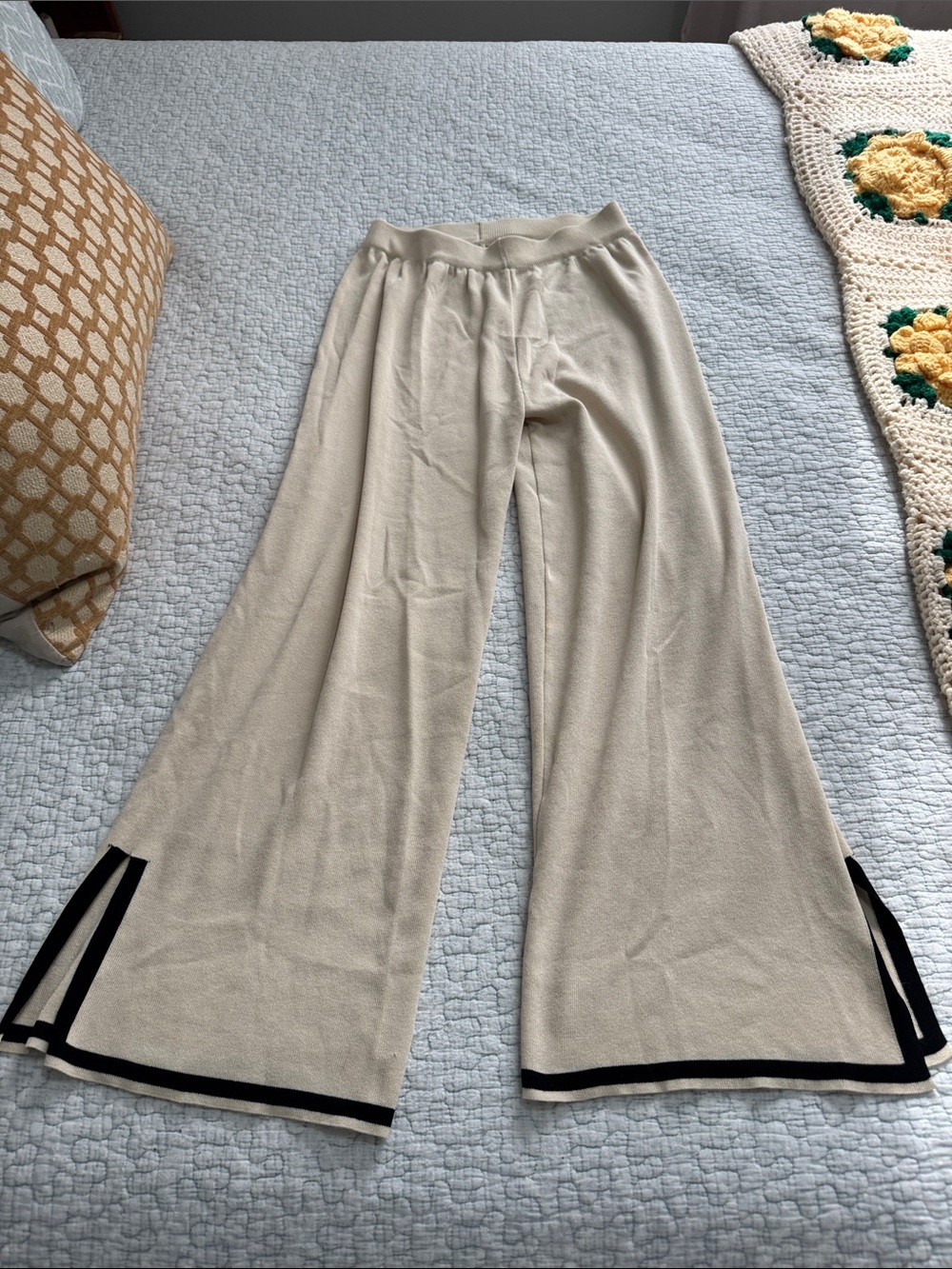 Cream Wide-Leg Knit Pants with Black Trim